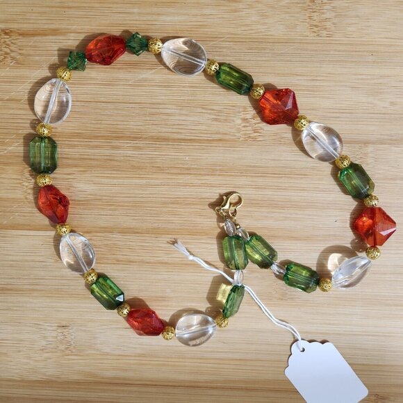 Hand Crafted Necklace Christmas Colors Beaded Red Green Clear Crystals and Gold - Picture 6 of 9
